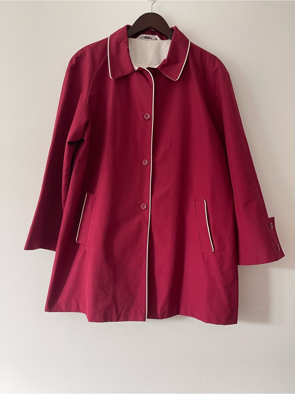Vintage 80s/90s Plum Red Car Coat Trench White Piping Women's Size 16